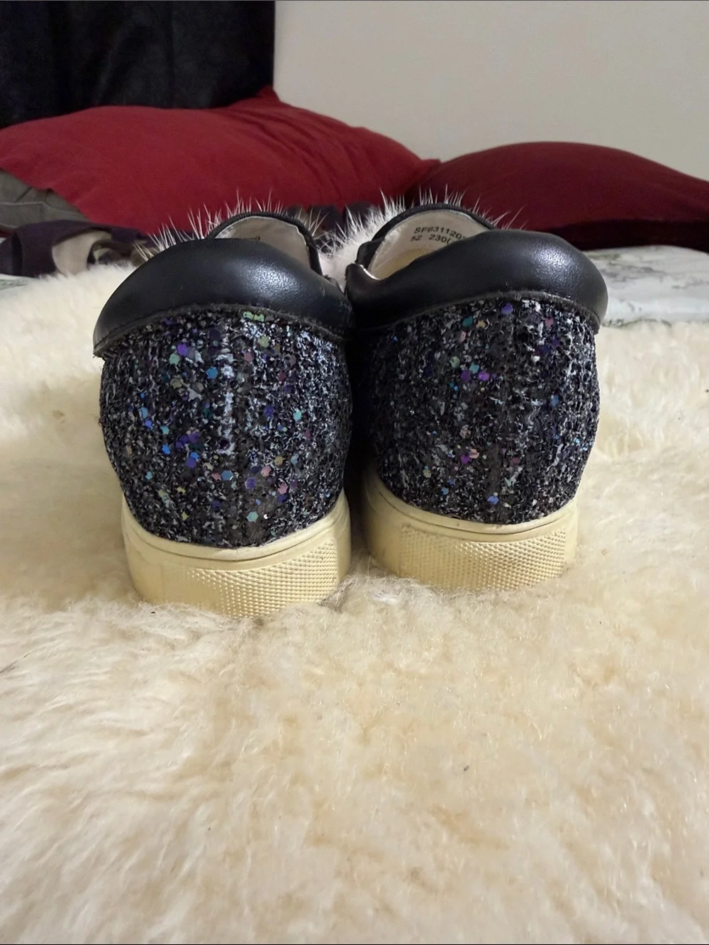 Girls' Glitter Slip-On Sneakers with Pink Faux Fur Trim